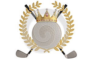 Gold crown on golf ball and golden olive branch isolatedon white