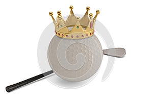 Gold crown on golf ball and golf club isolatedon white background. 3D illustration.