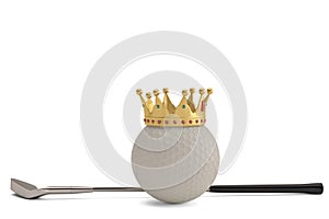 Gold crown on golf ball and golf club isolatedon white background. 3D illustration.