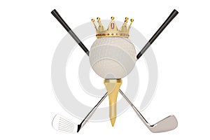 Gold crown on golf ball and golf club isolatedon white background. 3D illustration.