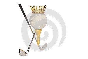 Gold crown on golf ball and golf club isolatedon white background. 3D illustration.