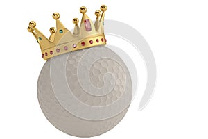 Gold crown on golf ball isolatedon white background. 3D illustration.
