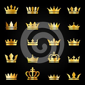 Gold crown icons. Queen king crowns luxury royal on blackboard, crowning tiara heraldic winner award jewel vector set