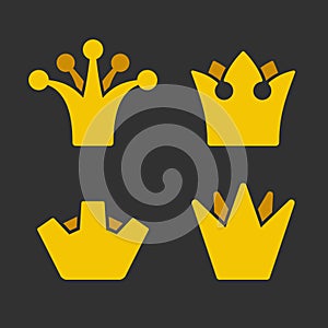 Gold Crown Icons Set on Dark Background. Vector