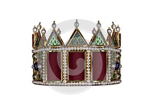 Gold crown with jewels isolated on white.