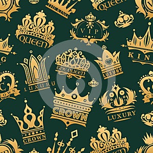 Gold crown king icons set nobility collection vintage jewelry sign vector illustration seamless pattern background photo