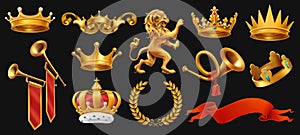 Gold crown of the king. Laurel wreath, trumpet, lion, ribbon. 3d vector icon set