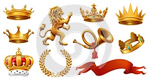 Gold crown of the king. Laurel wreath, trumpet, lion, ribbon. vector icon set