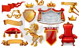 Gold crown of the king. Royal chair, mantle and pillow. Vector icon set