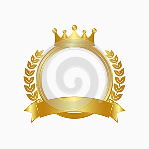 Gold crown, laurel wreath and circle frame. Winner sign with golden ribbon. Vector. photo
