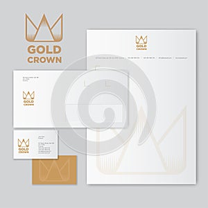 Gold Crown logo and identity. Envelope, letter with watermarks and business card.