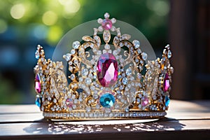 a gold crown with pink and blue gems