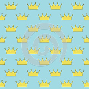 Gold crown princess or queen on blue background seamless pattern