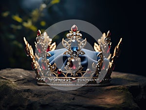 a gold crown with red and blue gems on a rock