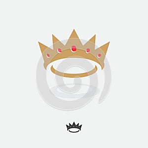 Gold Crown with red gems logo. Flat crown icon with shadow.