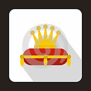 Gold crown on red pillow icon, flat style