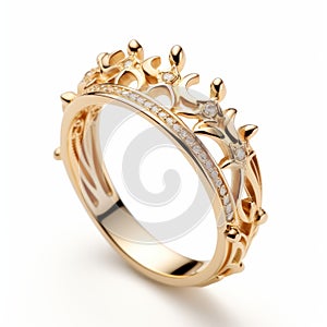 Gold Crown Ring With Diamond Top - Rococo Whimsy And Delicate Design