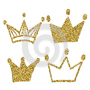 Gold crown set on white background. Glitters set of king crowns. Vector Illustration. Graphic design for your de