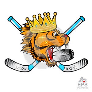 Gold crown on side view predator head with crossed hockey sticks and hockey puck in his mouth. Logo for any sport team cougar isol