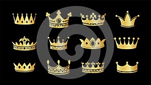 Gold crown silhouette icon set. Collections of golden crowns. Queen tiara. King diamond coronation crowning. Vector photo