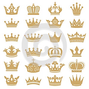 Gold crown silhouette. Royal crowns, coronation king and luxury queen tiara silhouettes icons vector set