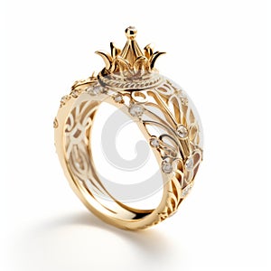 Gold Crowned Engagement Ring With Diamonds - Detailed And Intricate Design