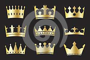 Gold crowns. Gold royal tiaras on a black background. Set of royal headdresses. Luxurious badge of power.