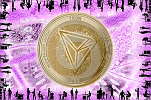 Gold Crypto Coin TRON, on the background of the Binary code with tunnels with energies. Silhouettes of people in the office