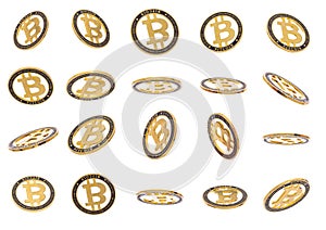 Gold cryptocoin Bitcoin explosion. Isolated on white