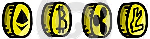 Gold cryptocurrency coins set, Etherum, Bitcoin, Litecoin and Ripple