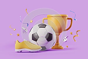 Gold cup with football and boots with confetti, victory concept