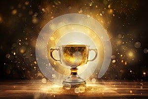 Gold cup on a glittering background of sequins and bokeh