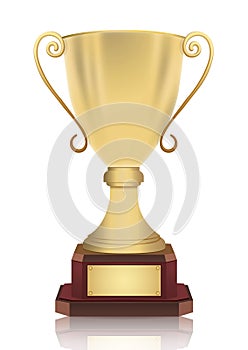Gold cup winner vector illustration. Award-winning goblet medalist with a nameplate, isolated on white background