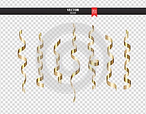 Gold curly ribbon serpentine confetti. Golden streamers set on transparent background. Colorful design decoration party