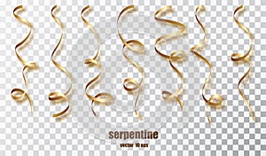 Gold curly ribbon serpentine confetti. Golden streamers set on transparent background. Colorful design decoration party