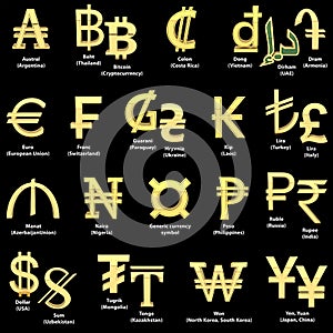 Gold currency symbols. Alphabet of symbols of currencies of different countries. 3D render isolated on black
