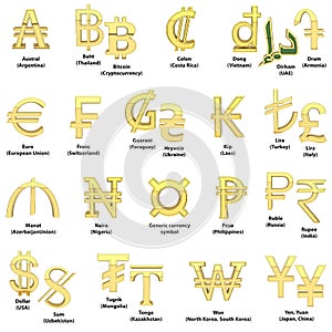 Gold currency symbols. Alphabet of symbols of currencies of different countries. 3D render isolated on white