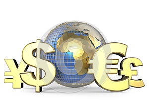 Gold currency symbols around the globe. 3D render