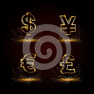 Gold currency symbols set. Currency linear vector illustration on a black background.