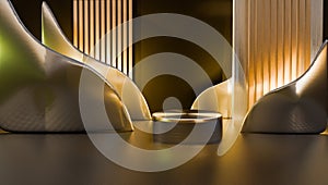 gold curve object as partition and podium for product di splay in the dark background