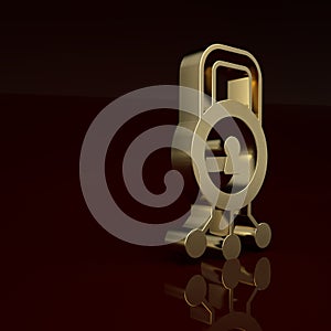 Gold Cyber security icon isolated on brown background. Closed padlock on digital circuit board. Safety concept. Digital