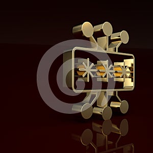 Gold Cyber security icon isolated on brown background. Closed padlock on digital circuit board. Safety concept. Digital