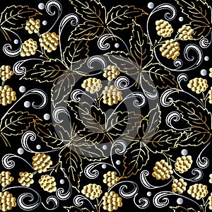 Gold 3d berries abstract vector seamless pattern.