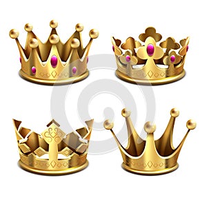 Gold 3d crown vector set. Royal monarchy and kings attributes photo