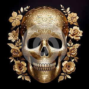 Gold 3D decorated skull, decorated with gold flowers roses. For the day of the dead and Halloween, black isolated background