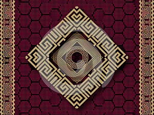 Gold 3d seamless pattern with greek borders. Grunge halftone honeycomb background. Vector repeat textured red backdrop. Luxury