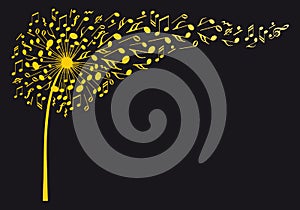 Gold dandelion with flying music notes, vector