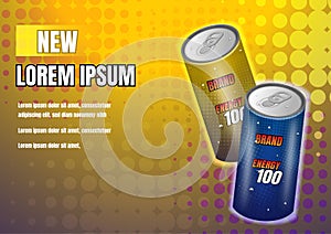 Gold and dark blue energy drinks on yellow background