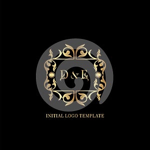 Gold DE Initial logo. Frame emblem ampersand deco ornament monogram luxury logo template for wedding or more luxuries identity