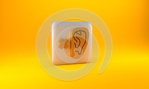 Gold Deafness icon isolated on yellow background. Deaf symbol. Hearing impairment. Silver square button. 3D render